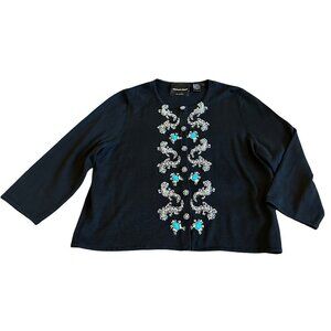 Michael Simon Vintage Retro Cardigan Sweater Turquoise Beaded Gecko Frog Large